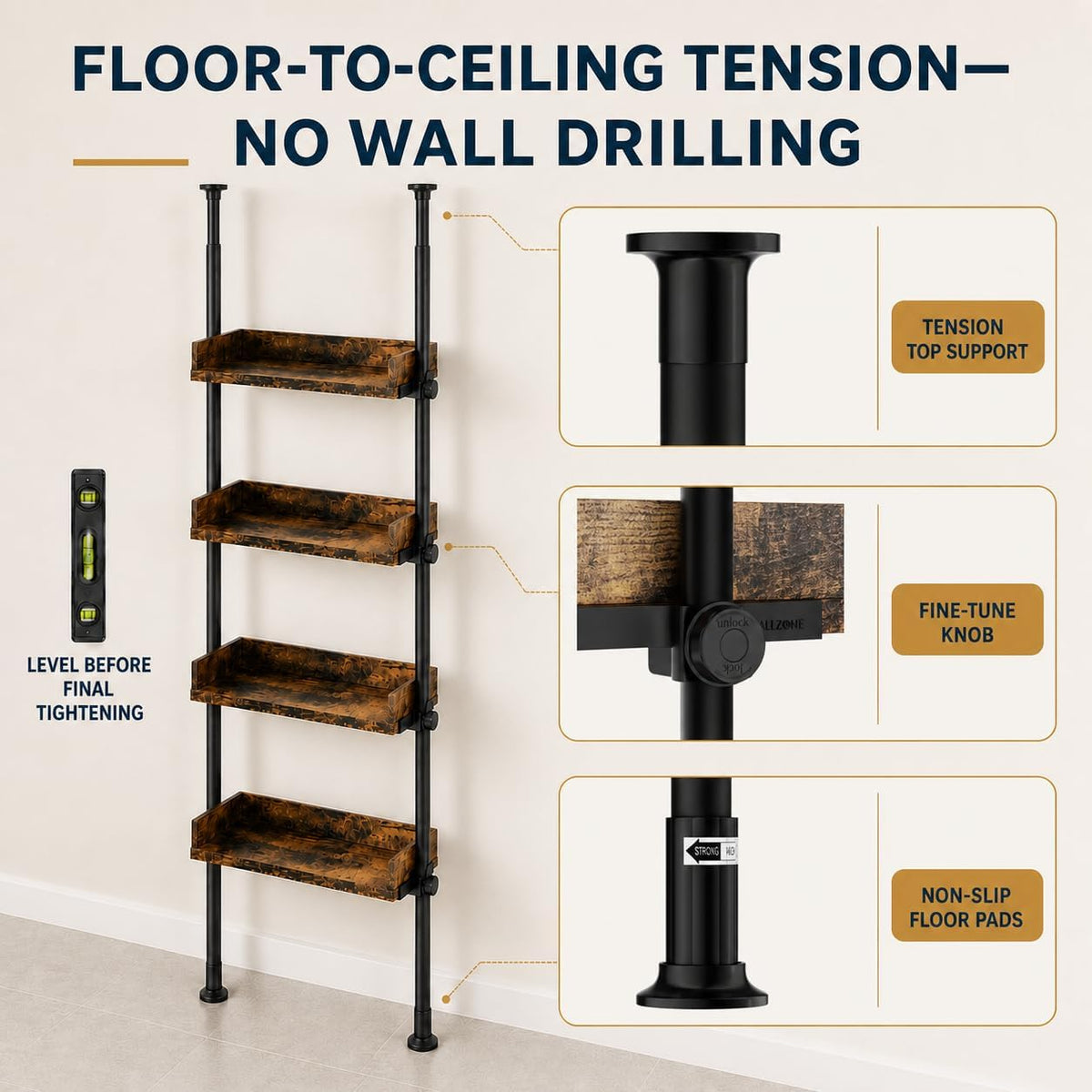 ALLZONE Tension Over The Toilet Storage Cabinet, No-Drill, Fits 92-116 in.