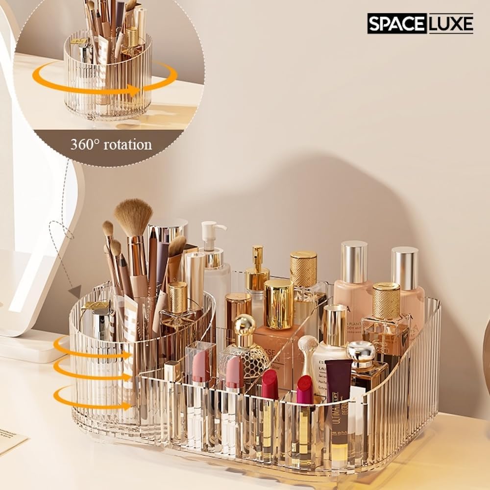 Large Makeup Organizer with Drawers, 360° Rotating Brush Holder