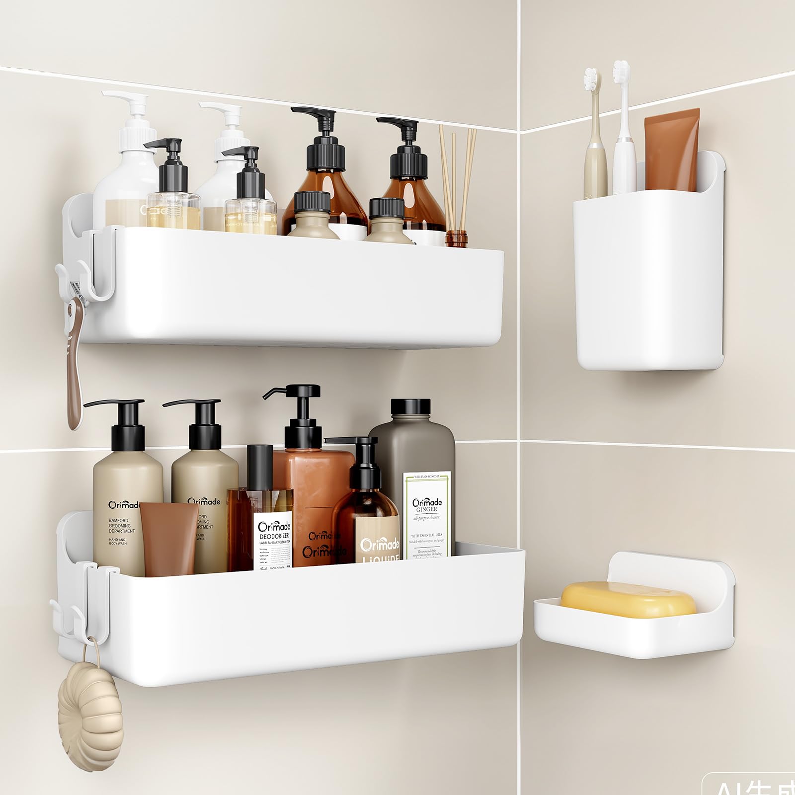 Orimade Shower Caddy 3-Pack, No-Drill Adhesive Shelves with 4 Hooks for Bathroom, Rustproof ABS Plastic Storage Organizer Set, Black