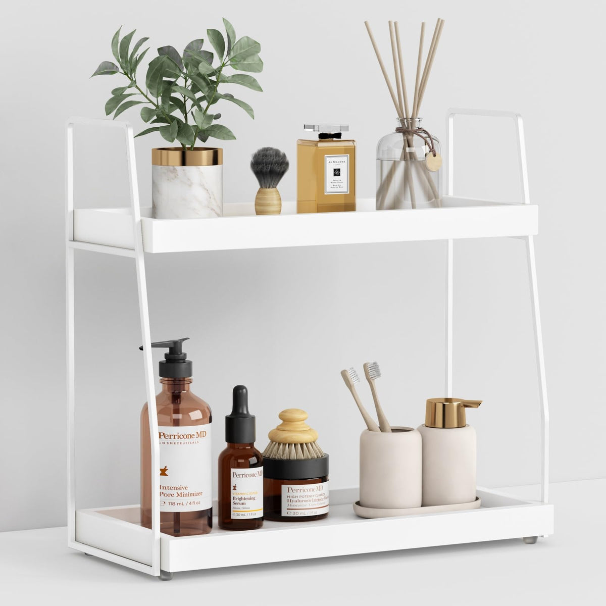 Forbena Bathroom Organizer Countertop, Counter Organizer for Bathroom Decor, Wooden Sink Shelf for Vanity Storage, Makeup Tray for Perfume Skincare Bedroom Kitchen Corner (2 Tier, White and Gold)