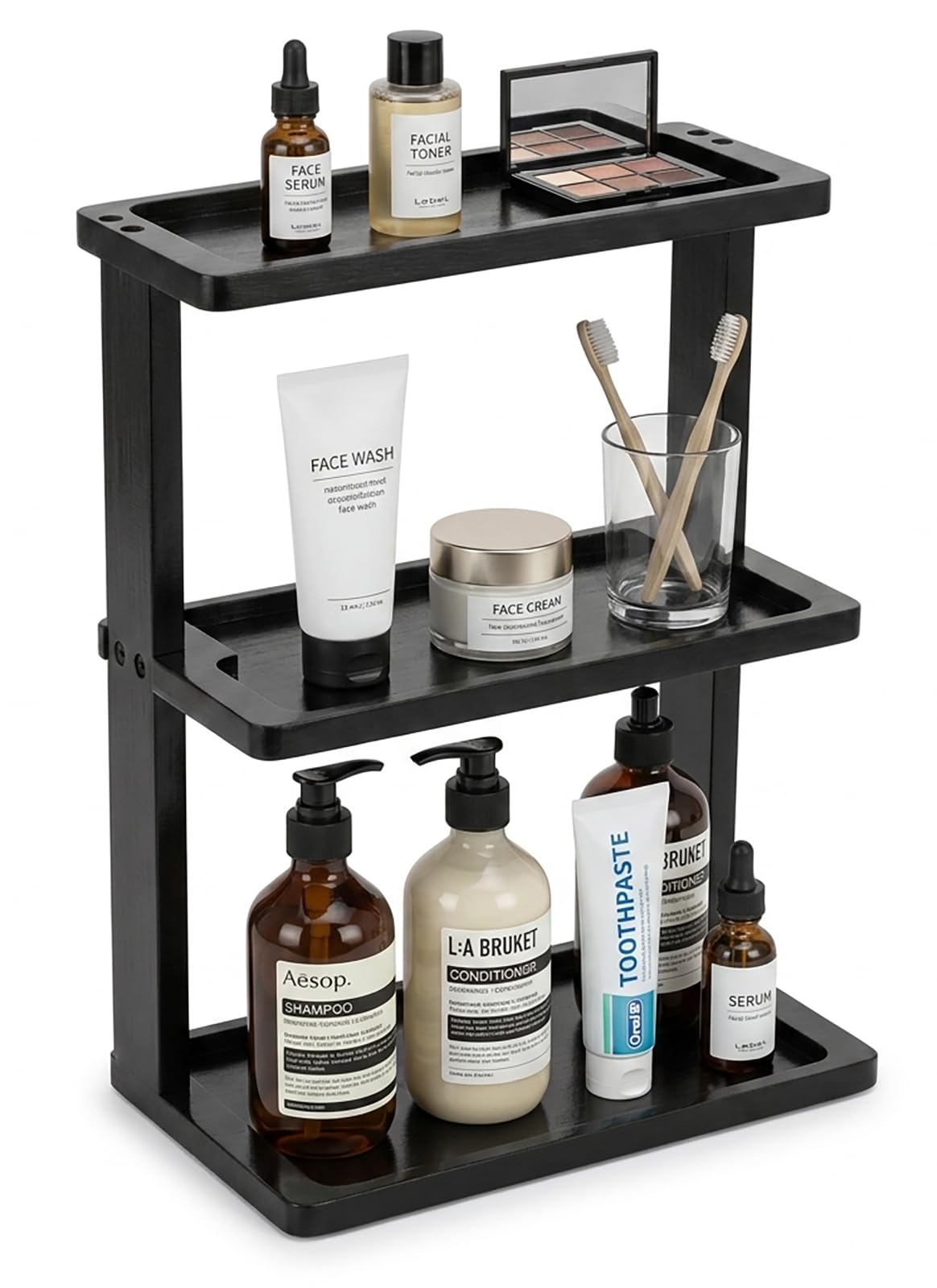 PEKER Bamboo Bathroom Organizer Countertop – Small Vanity Storage Shelf for Makeup, Perfume, Skincare – Natural Cosmetics Display Rack for Dresser, Sink, Kitchen – Natural