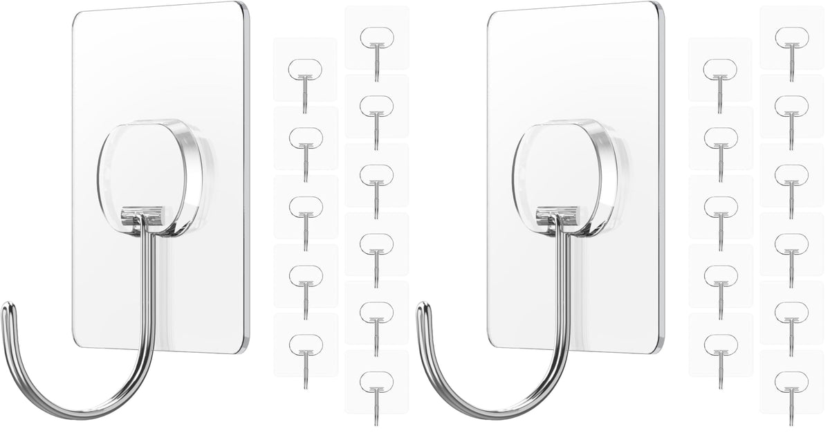 Adhesive Wall Hooks No Drill Clear Heavy Duty, 13LB Sticky 12 Pack