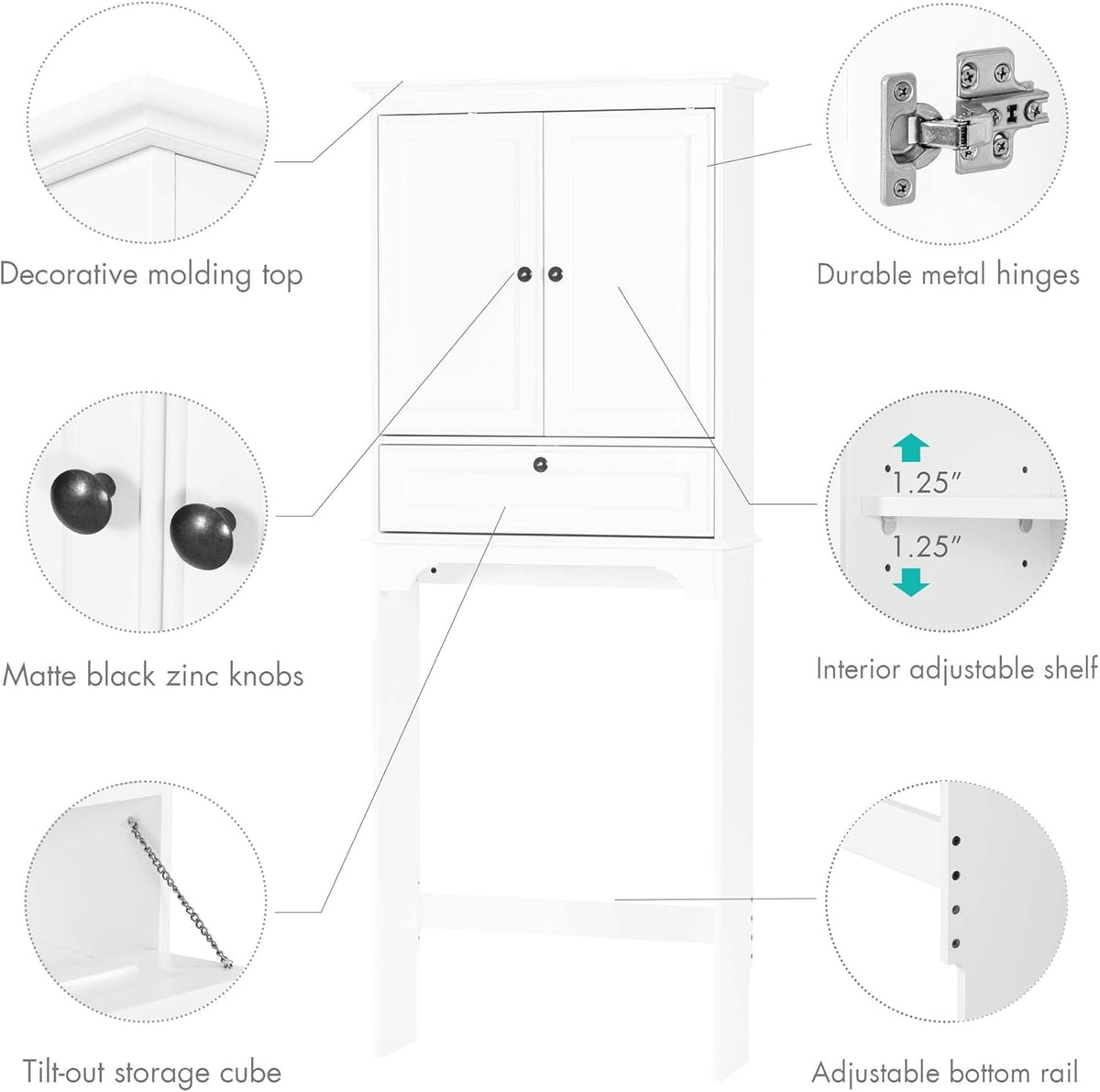 Spirich Bathroom Over the Toilet Storage Cabinet with Tilt-Out Cube, White