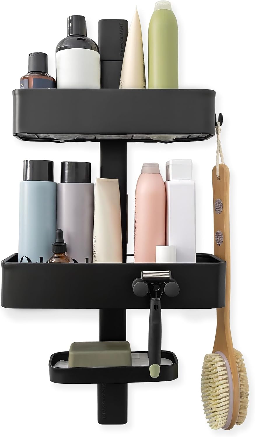 ShowerSMART Shower Caddy, Adjustable Shelves, Magnetic Hooks, Black