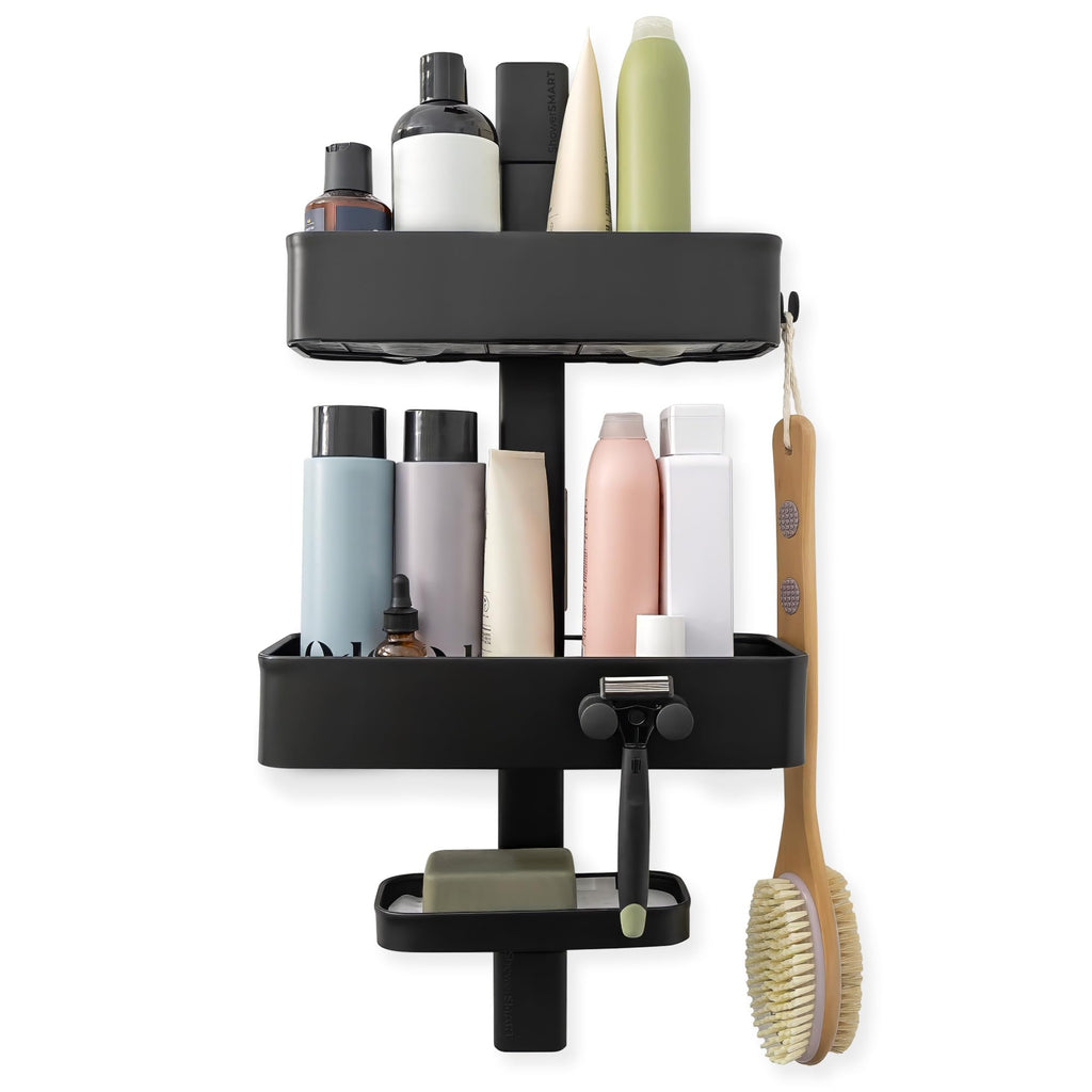 ShowerSMART Shower Caddy, Adjustable Shelves, Magnetic Hooks, Black
