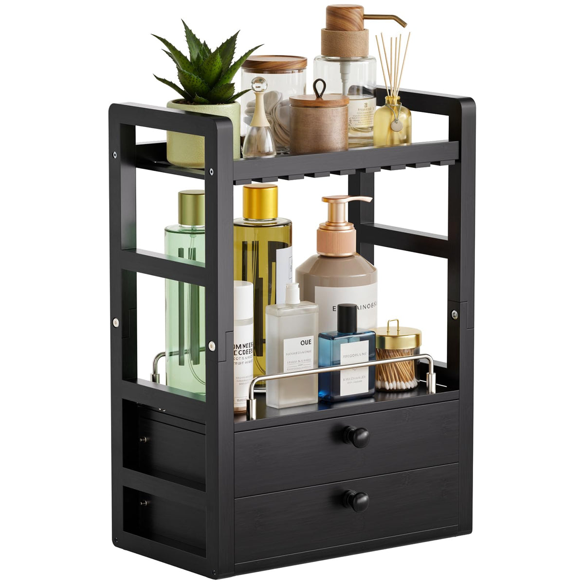 AmazerBath Bamboo Bathroom Counter Organizer, 2-Tier Makeup Organizer with 2 Drawers, Vanity Organizer Storage Coffee Matcha Station, Compact Shelf for Bathroom Kitchen Office Countertop