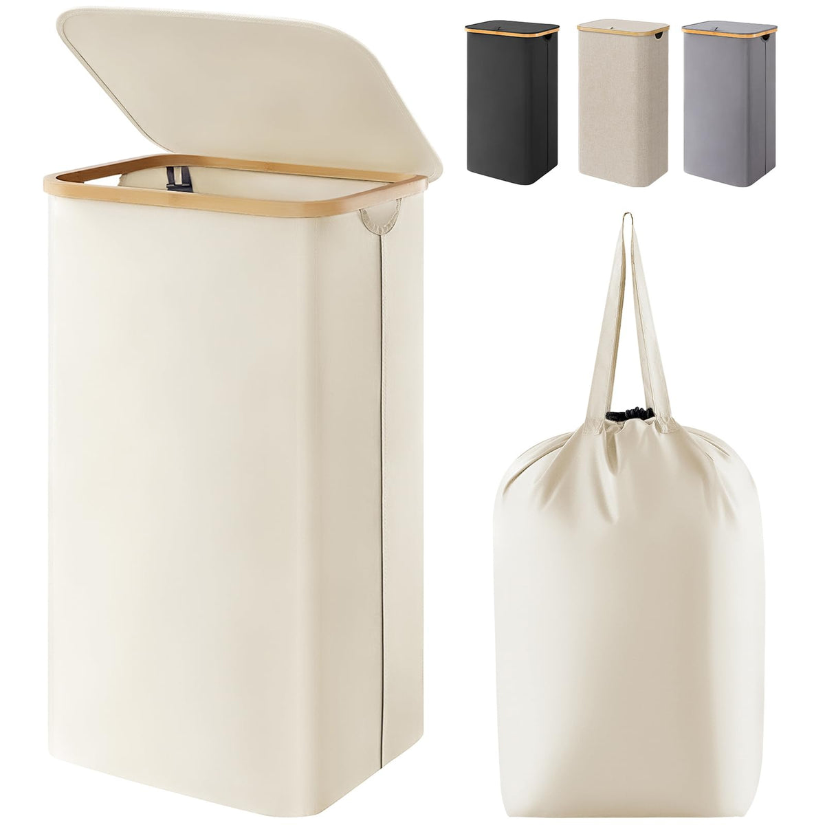 Lifewit 105L Large Laundry Basket with Lid, Removable Bags, Beige