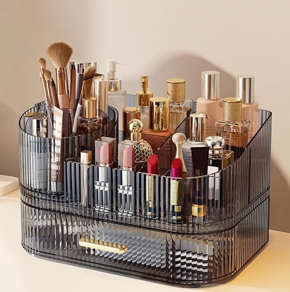 Large Makeup Organizer with Drawers, 360° Rotating Brush Holder