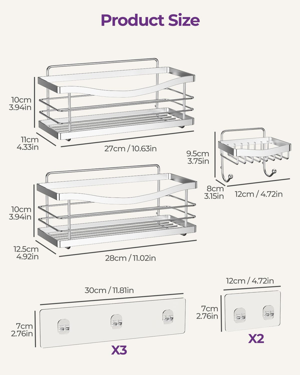 ODesign 3 Pack Adhesive Shower Caddy,Rustproof Shower Shelves Rack,Silver