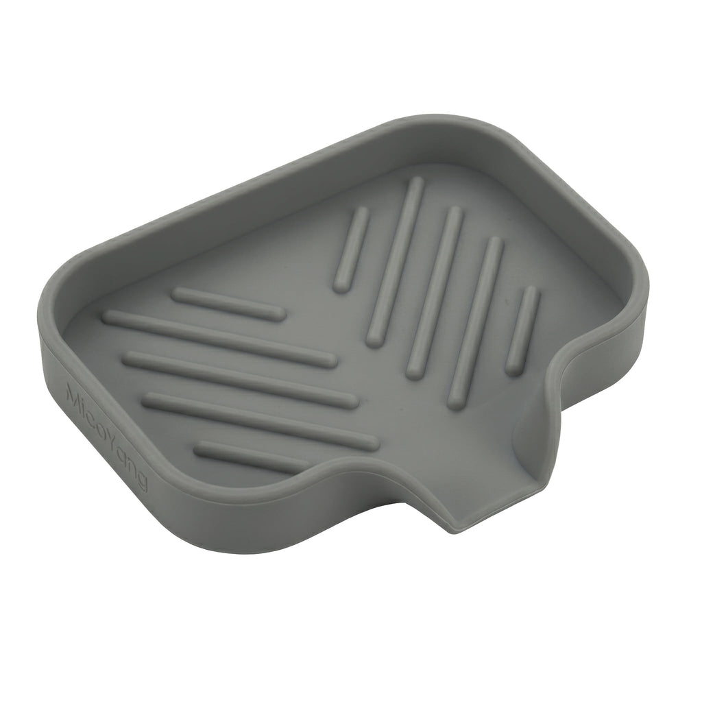 MicoYang Silicone Soap Dish with Drain Spout, Self-Draining Sink Organizer Tray for Bathroom and Kitchen, Sponges, Dispensers and Soap Holder, Non-Slip and Dishwasher Safe, Black (Compact, 4.9"×3.2")