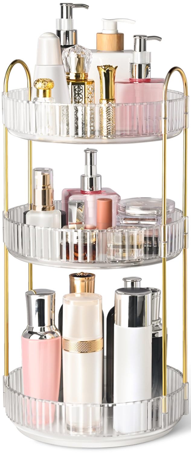 360° Rotating Makeup Organizer for Vanity, 3 Tier Perfume Organizers, Clear