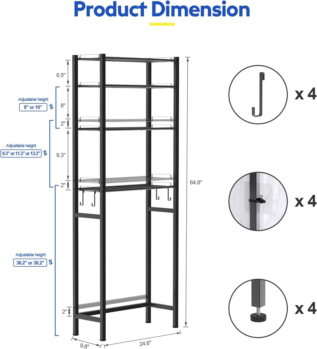 samstar 4 Tier Over The Toilet Storage Rack, Bathroom Organizer Shelves Cabinet Above Toilet, with Adjustable Height Freestanding Shelf Space Saver, Black