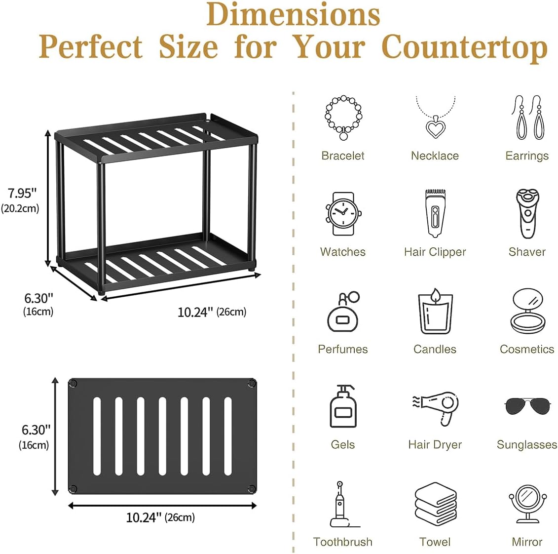 2 Tier Bathroom Counter Organizer, Rectangular Vanity Organizer Shelf, Skincare and Makeup Countertop Storage Rack for Kitchen, Bathroom, Bedroom, Black
