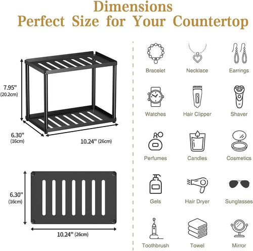 2 Tier Bathroom Counter Organizer, Rectangular Vanity Organizer Shelf, Skincare and Makeup Countertop Storage Rack for Kitchen, Bathroom, Bedroom, Black