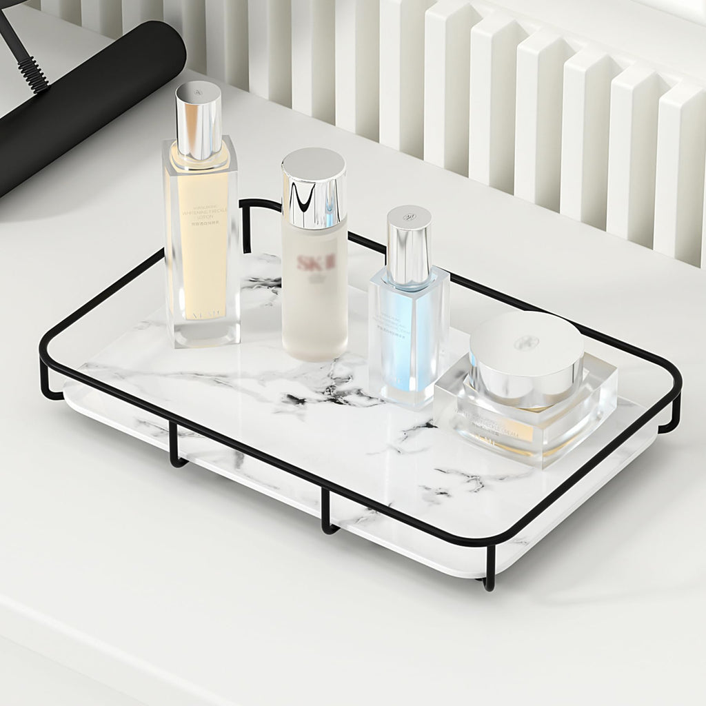 Bathroom Organizer Countertop Perfume Organizer Makeup Organizer Cosmetics Storage Display Rack Vanity Tray Dresser Stainless Steel Gold Shelf White Marble Ceramic Tray