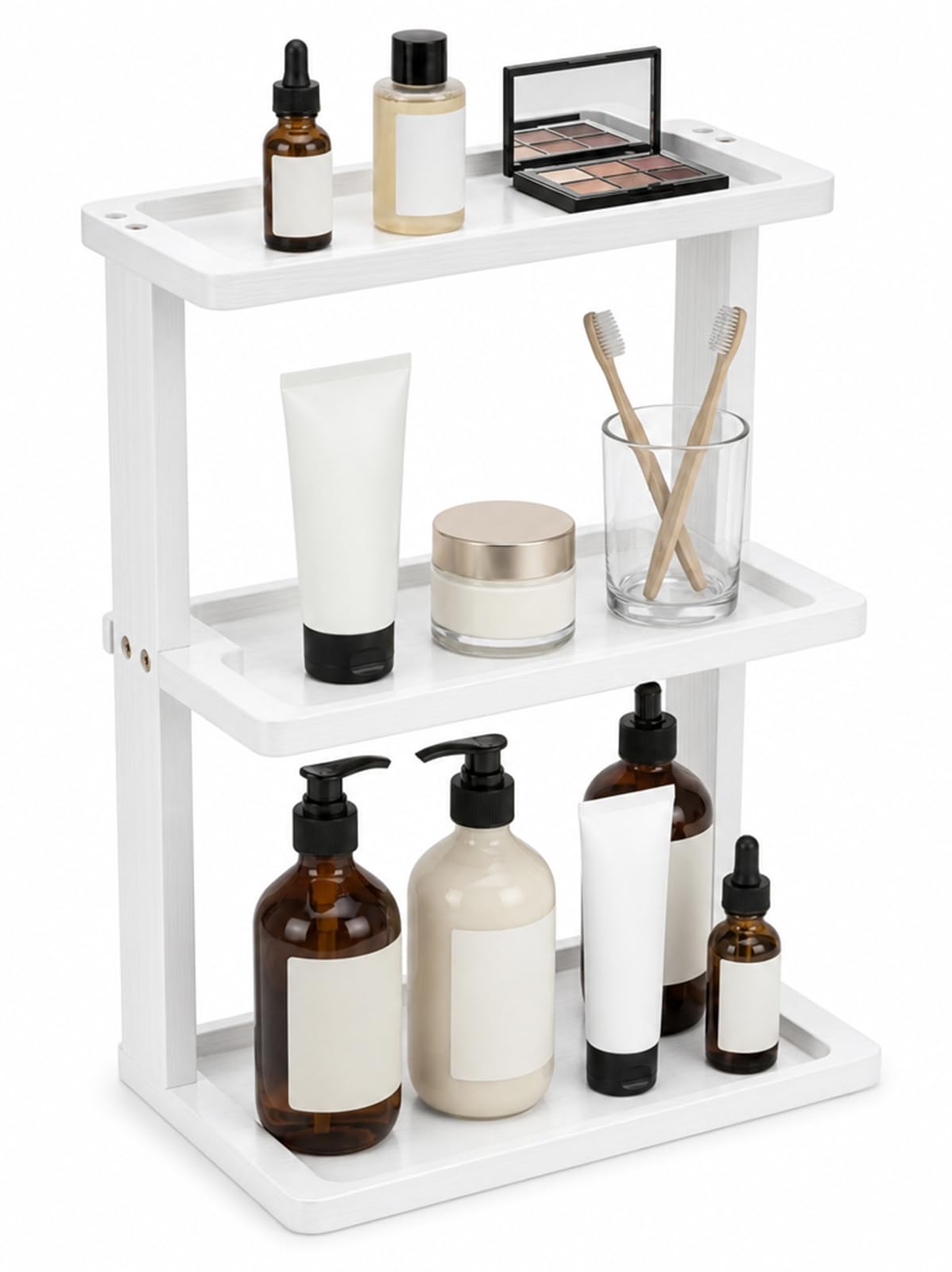 PEKER Bamboo Bathroom Organizer Countertop – Small Vanity Storage Shelf for Makeup, Perfume, Skincare – Natural Cosmetics Display Rack for Dresser, Sink, Kitchen – Natural
