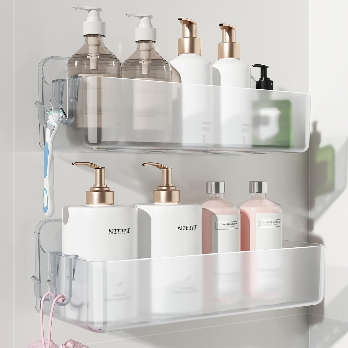 Nieifi Adhesive Shower Shelves, Clear, 5 Pieces