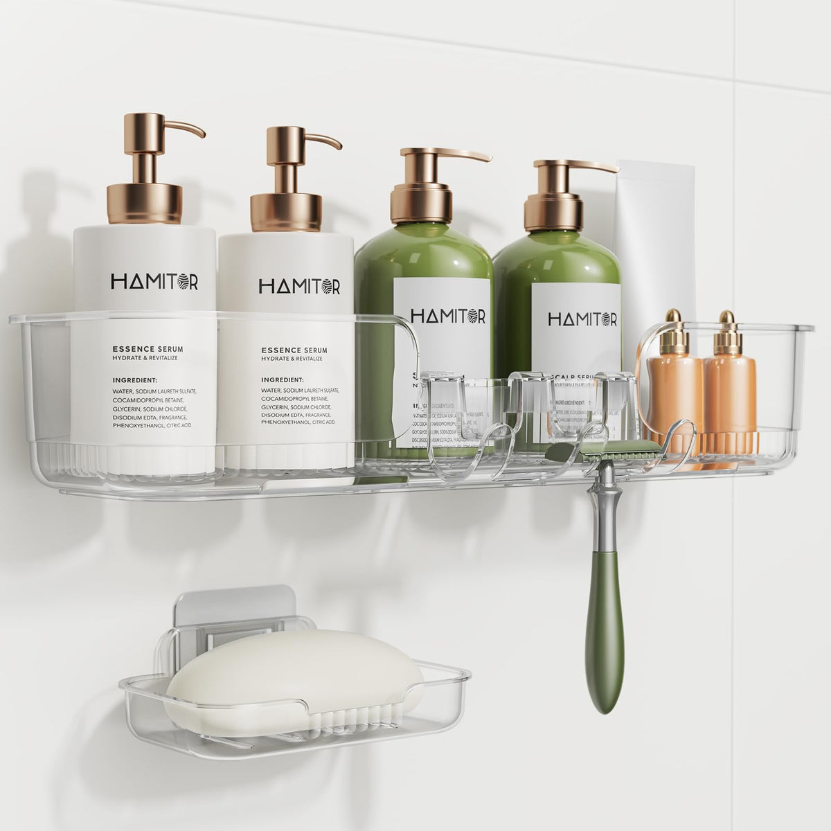 HAMITOR 5 Pack Adhesive Shower Caddy, Clear Transparent Shower Organizer