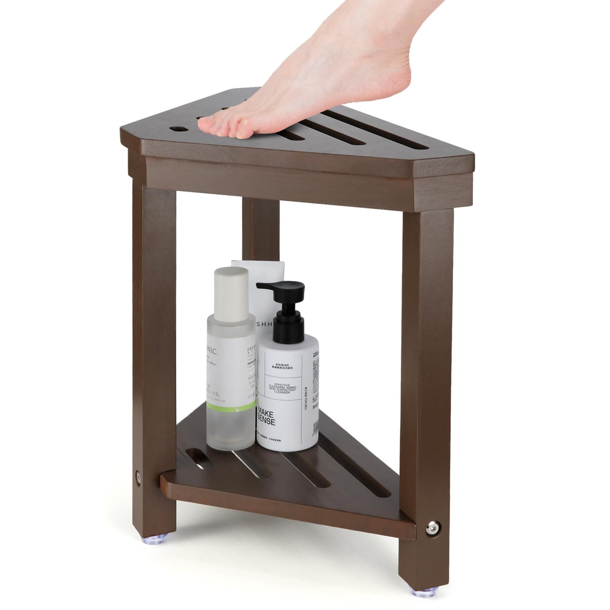Boulphia Shower Foot Rest 14in, Acacia Wood Shower Stool for Shaving Legs, Waterproof Corner Shower Stool with Storage Shelf for Inside Small Shower Spaces, Wood Color