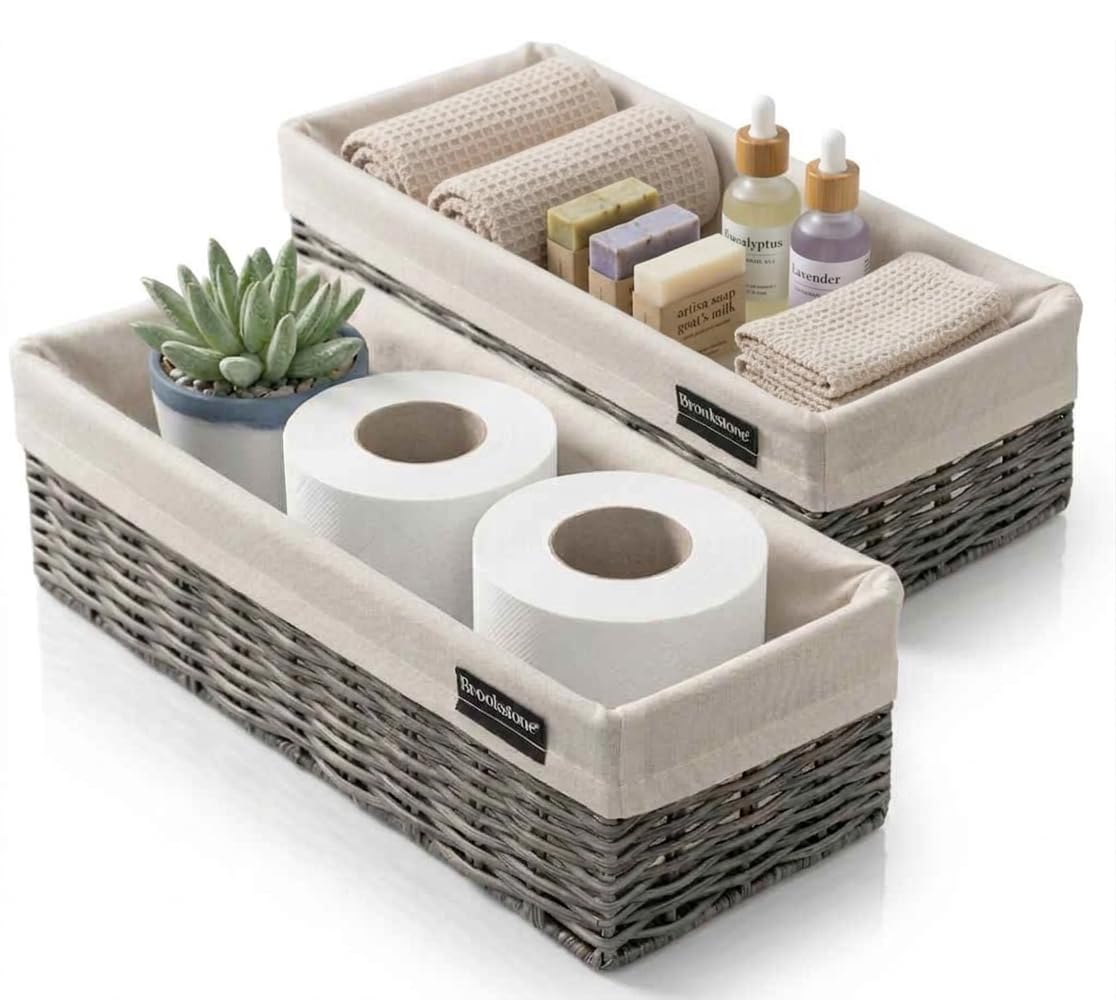 Brookstone Over the Toilet Tank Wicker Storage Basket, Bathroom and Closet Organizers and Storage Bins with Fabric Liner, Grey, 2 Pack Set