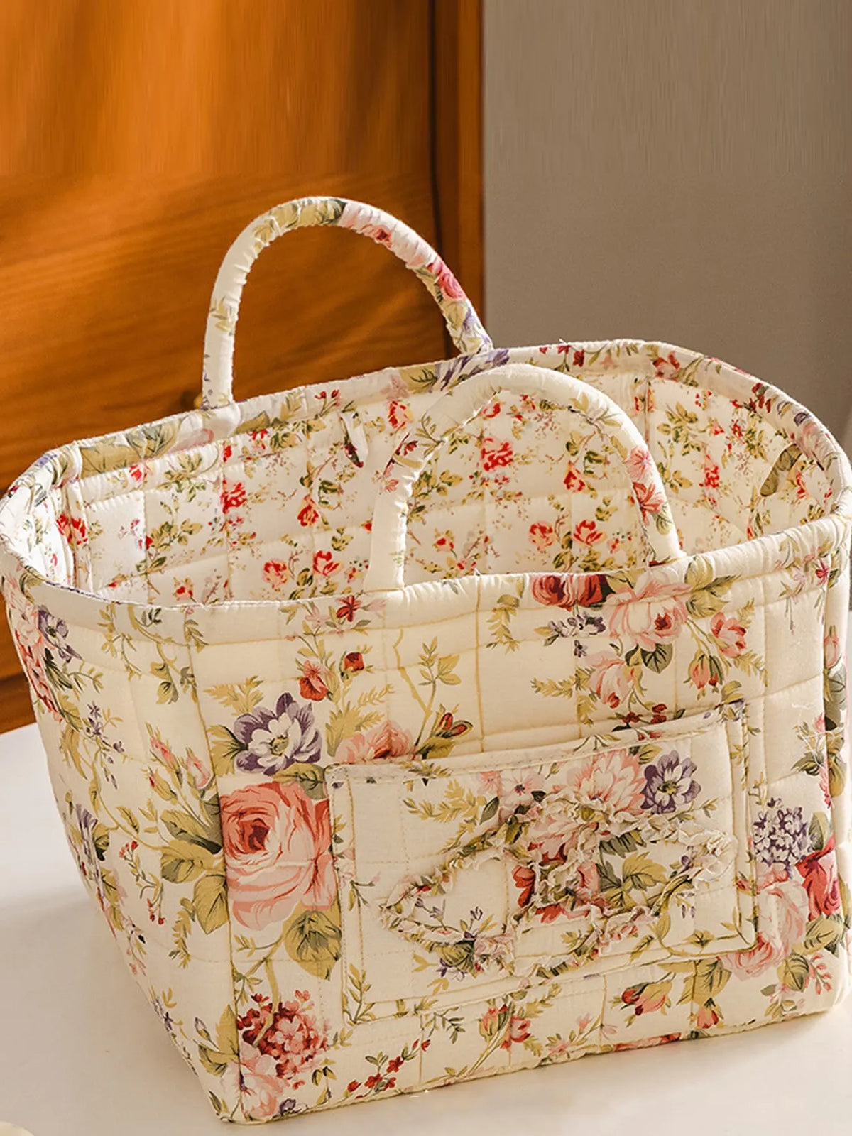 Floral Pattern Fabric Decorative Storage Basket, Portable Home Organizer for Kitchen, Bathroom and Office, Flower, Bathroom Storage Baskets