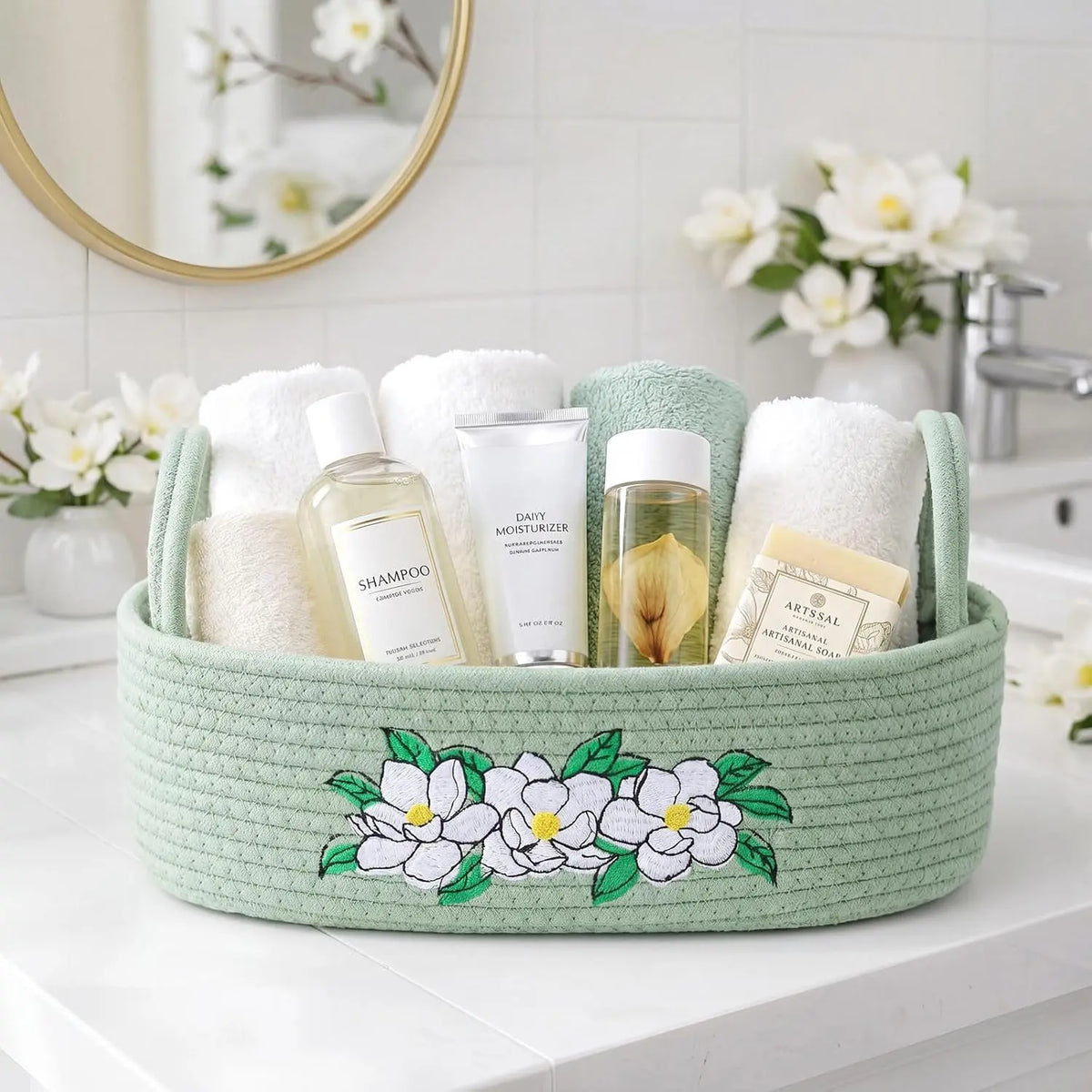 Magnolia Woven Storage Basket for Toilet  Top Boho  Rope Bathroom Countertop Organizer Basket with Handle Green Bathroom Decor for Bedroom  Toys Organizing, 13 x 6 x 4 Inch