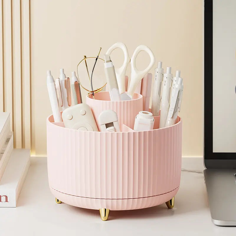 UFORU Modern Plastic 360° Rotating Makeup Organizer - 5 Compartments, Smooth Luxury Stripe Design, Bathroom Organizer for Vanity Desk Accessories, Storage Organization for Brushes, Lipstick, Skincare