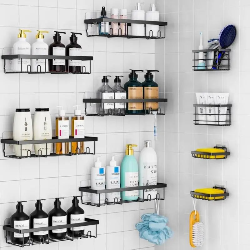 5-Piece Shower Rack Set, No-Drill Adhesive Rust-Proof Bathroom Organizer, Large Capacity Wall-Mounted Shelf, Essential for Bath, Kitchen, Home