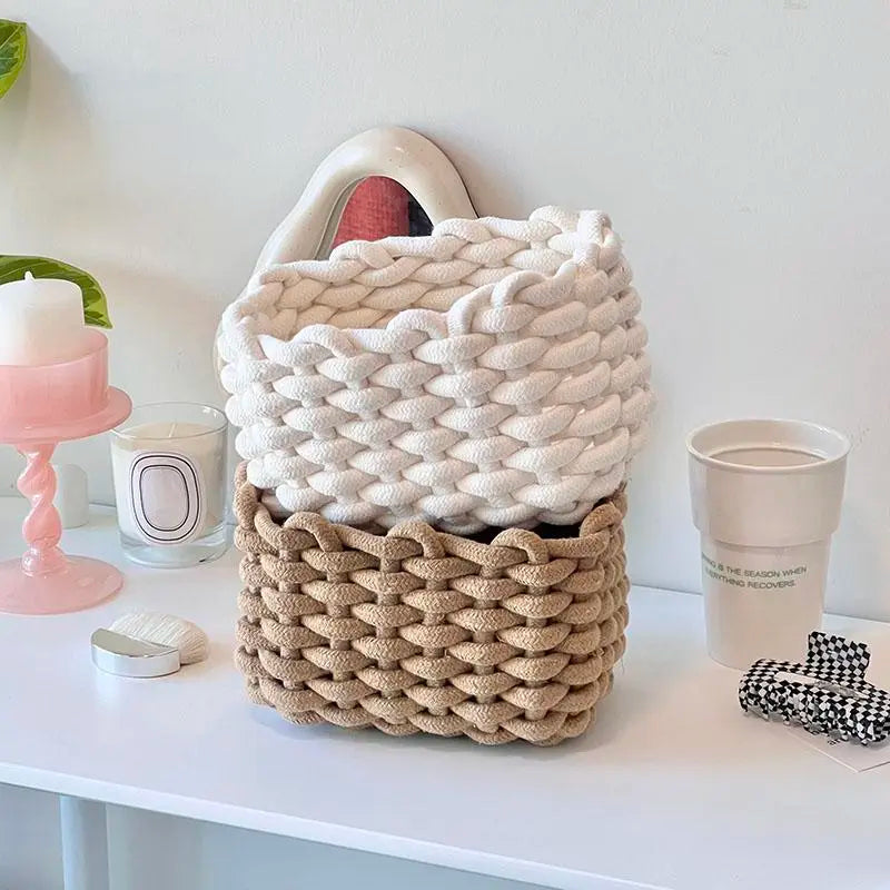 1/2 Counts Woven Decorative Storage Basket, Stackable Rope Cosmetics Storage Bin, Rope Baskets for Storage, Baskets for Organizing, Desk Organizer for Snacks, Perfume and Home Decor in Bedroom, Living Room, Vanity or Bathroom, Rope Basket #GLOBAL PICKS