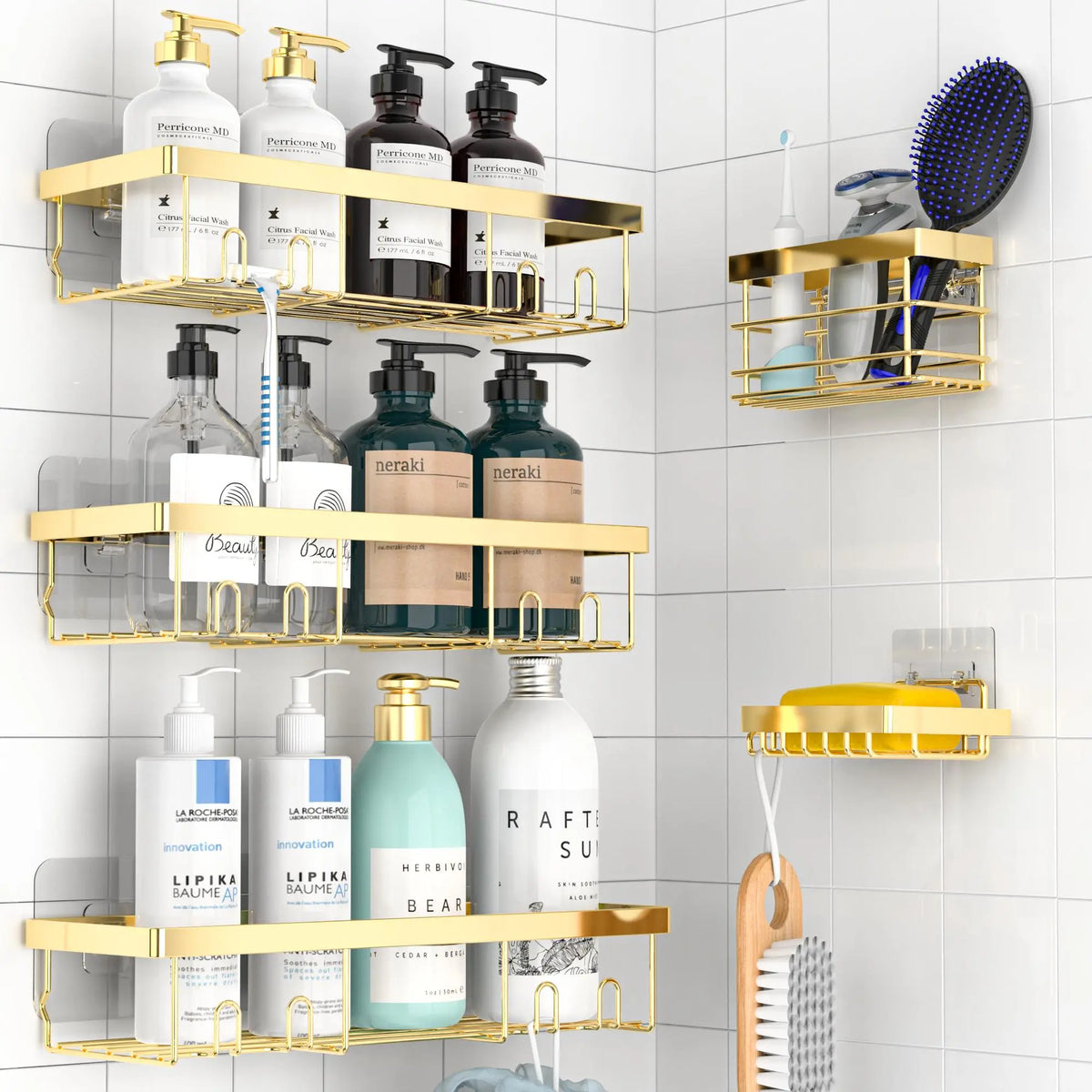 5-Piece Shower Rack Set, No-Drill Adhesive Rust-Proof Bathroom Organizer, Large Capacity Wall-Mounted Shelf, Essential for Bath, Kitchen, Home