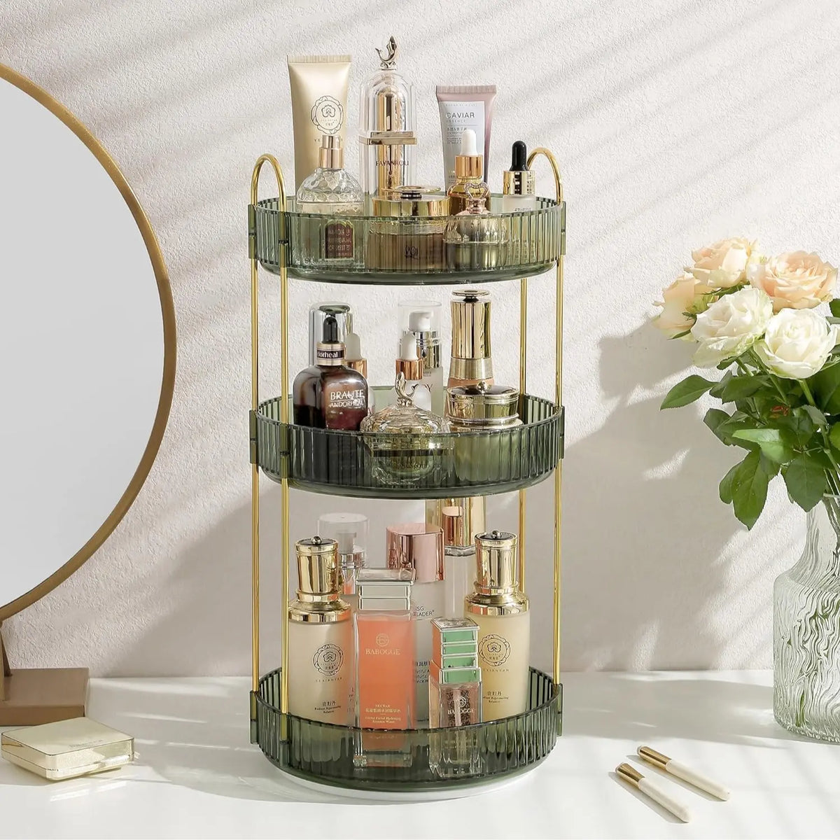 Natural Summertime 3-Tier Transparent Plastic Waterproof 360-Degree Rotating Makeup Organizer - Vanity Organization for Bathroom Counter, Large-Capacity Storage Organization for Skincare & Perfume, Dresser Countertop Organizer Storage, Water Proof, All-Pu