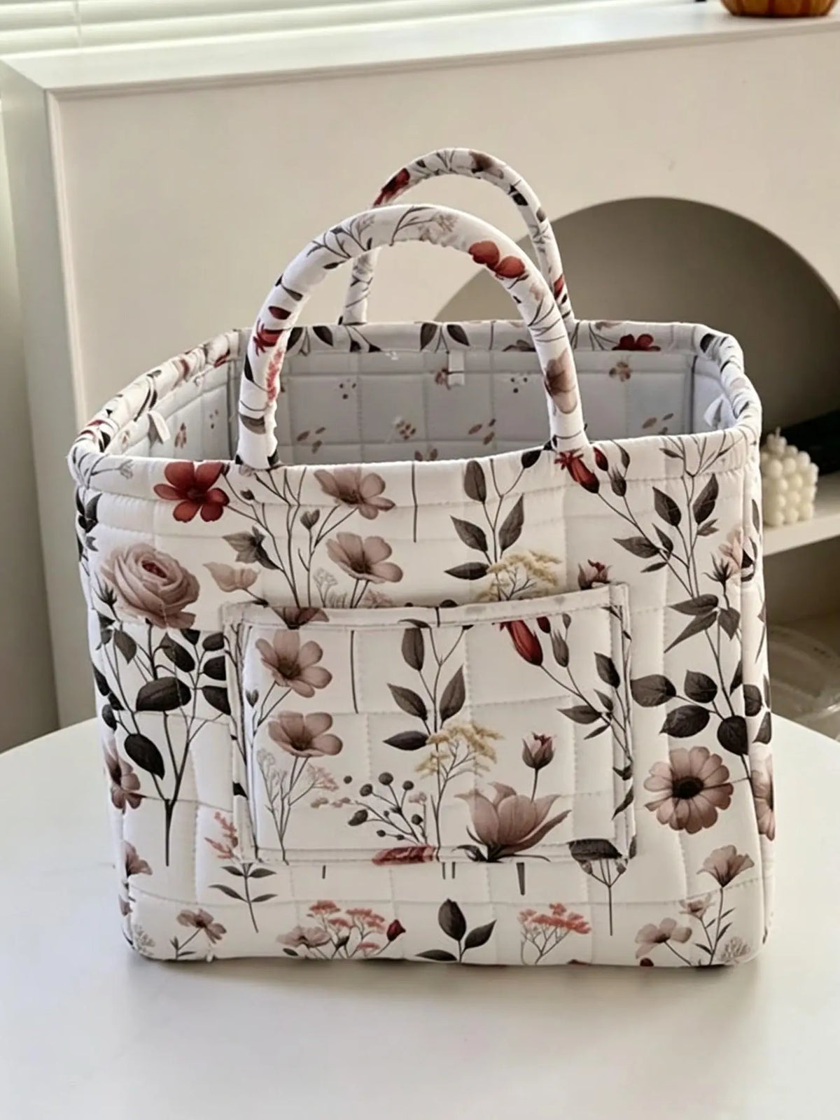 Vintage Floral Quilted with Double Handles, Foldable Fabric Organizer Tote for Bathroom Car Picnic, Bathroom Storage Baskets