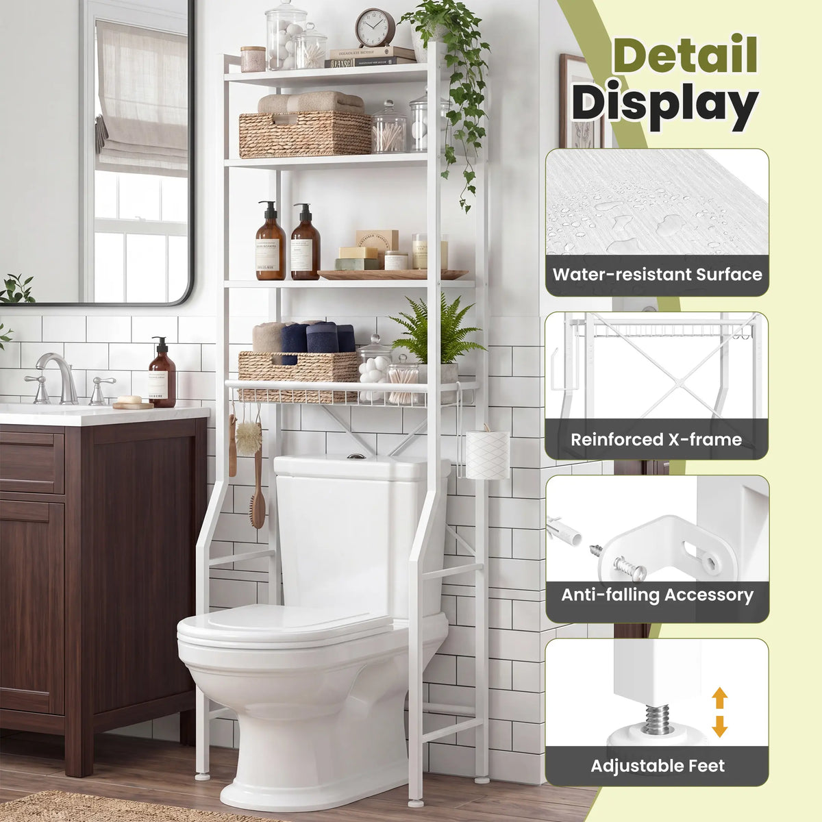Sweetcrispy 68.5" Tall Storage Freestanding Bathroom Rack - Iron & Wood Over-the-Toilet Organizer, Home Decor, Bathroom Decor, Tall Bottle Fit for Towels & Toiletries, Rustic Design for Organized Setup