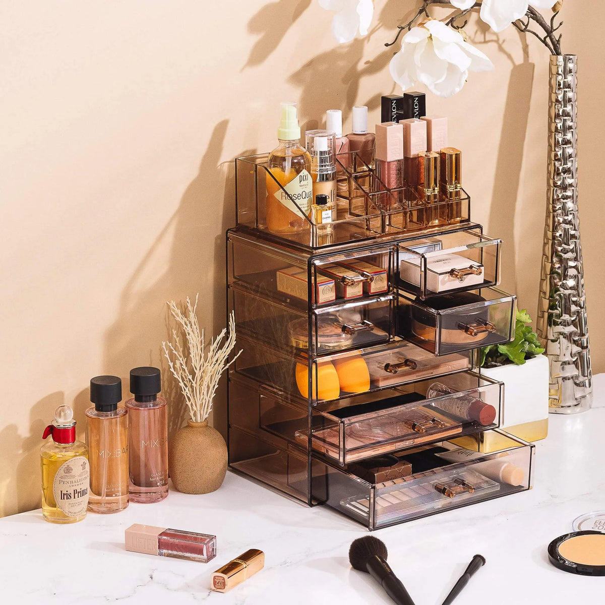 Sorbus Medium Cosmetic Storage Organizer Set - Durable Plastic Boxes with 3 Large Drawers, 4 Small Drawers, Removable Top Tray, Handle, Slide Design for Multicolor Vanity Make-up Bags