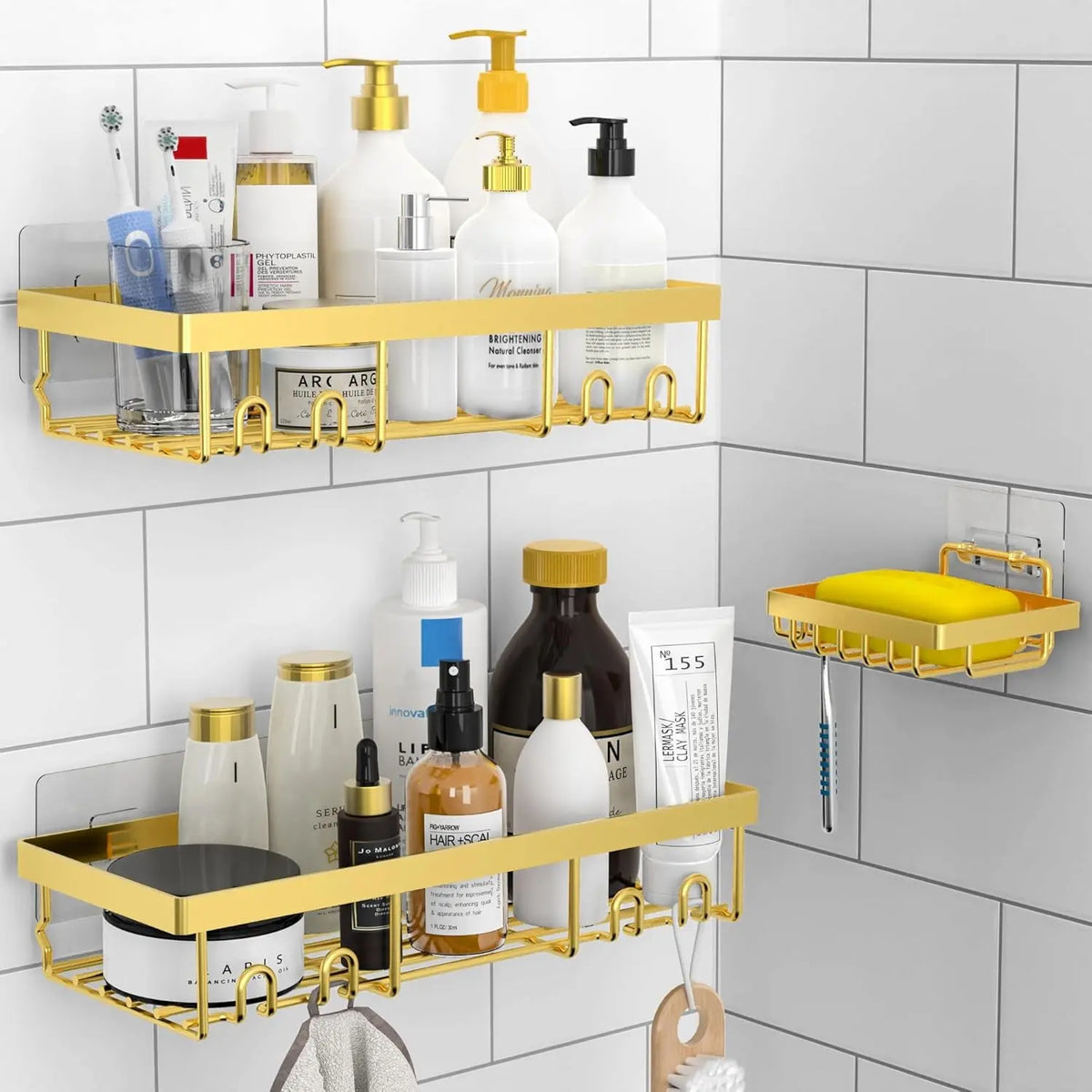 3-Pack Stainless Steel Shower Caddy Baskets with Soap Holder, No-Drilling Traceless Adhesive Wall Shelves, Rust-Resistance Black Bathroom Storage Organizer