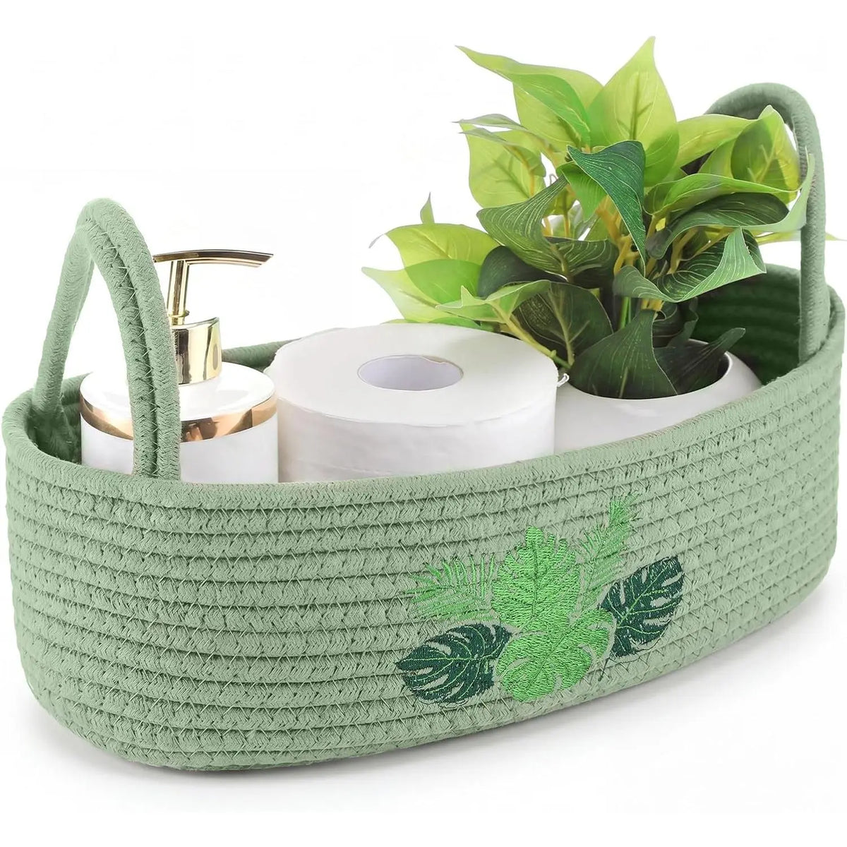 Magnolia Woven Storage Basket for Toilet  Top Boho  Rope Bathroom Countertop Organizer Basket with Handle Green Bathroom Decor for Bedroom  Toys Organizing, 13 x 6 x 4 Inch