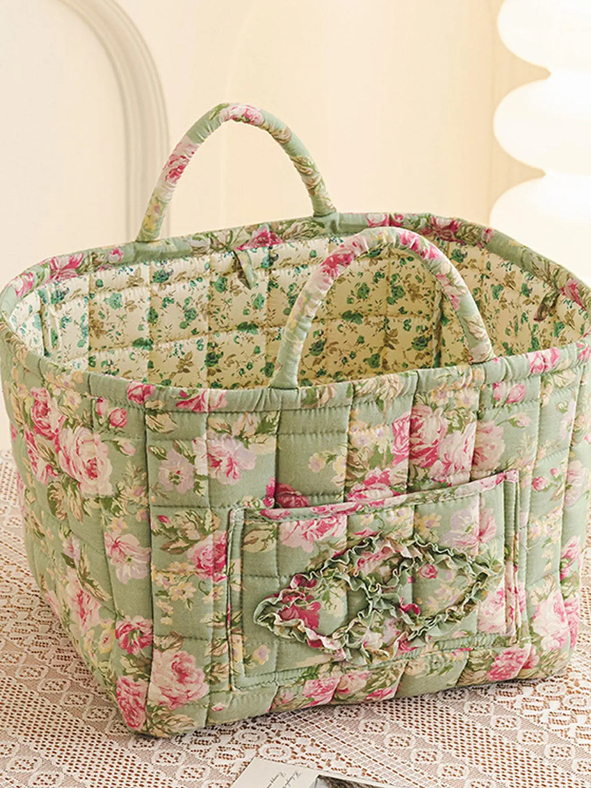 Floral Pattern Fabric Decorative Storage Basket, Portable Home Organizer for Kitchen, Bathroom and Office, Flower, Bathroom Storage Baskets
