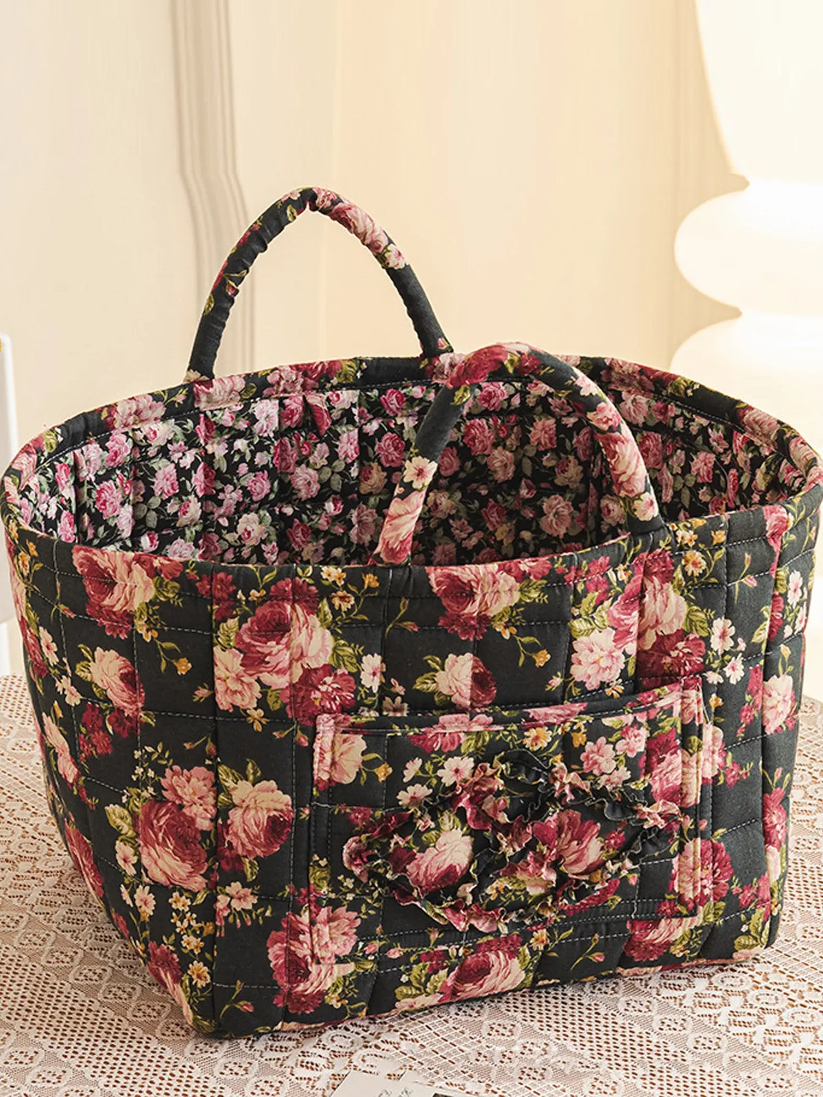 Floral Pattern Fabric Decorative Storage Basket, Portable Home Organizer for Kitchen, Bathroom and Office, Flower, Bathroom Storage Baskets