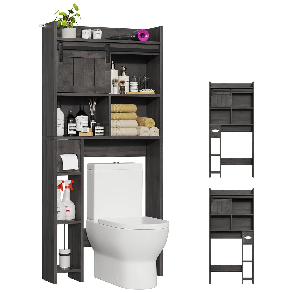 Over-The-Toilet Storage Cabinet with Sliding Door & Toilet Paper Holder Stand, Bathroom Organizer with Side Storage for Restroom