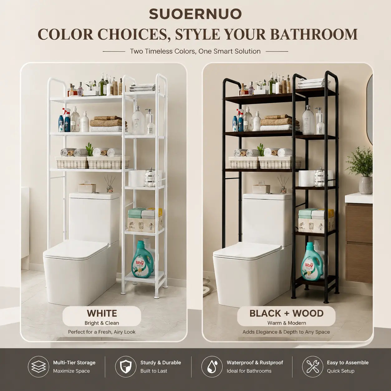 SUOERNUO 5-Tier Freestanding Over-The-Toilet Metal Storage Shelf, Waterproof Multifunctional Bathroom Organizer, Easy Assembly & Maintenance Space-Saving Rack for Bathroom Organizing Accessories, Entryways, Dorms