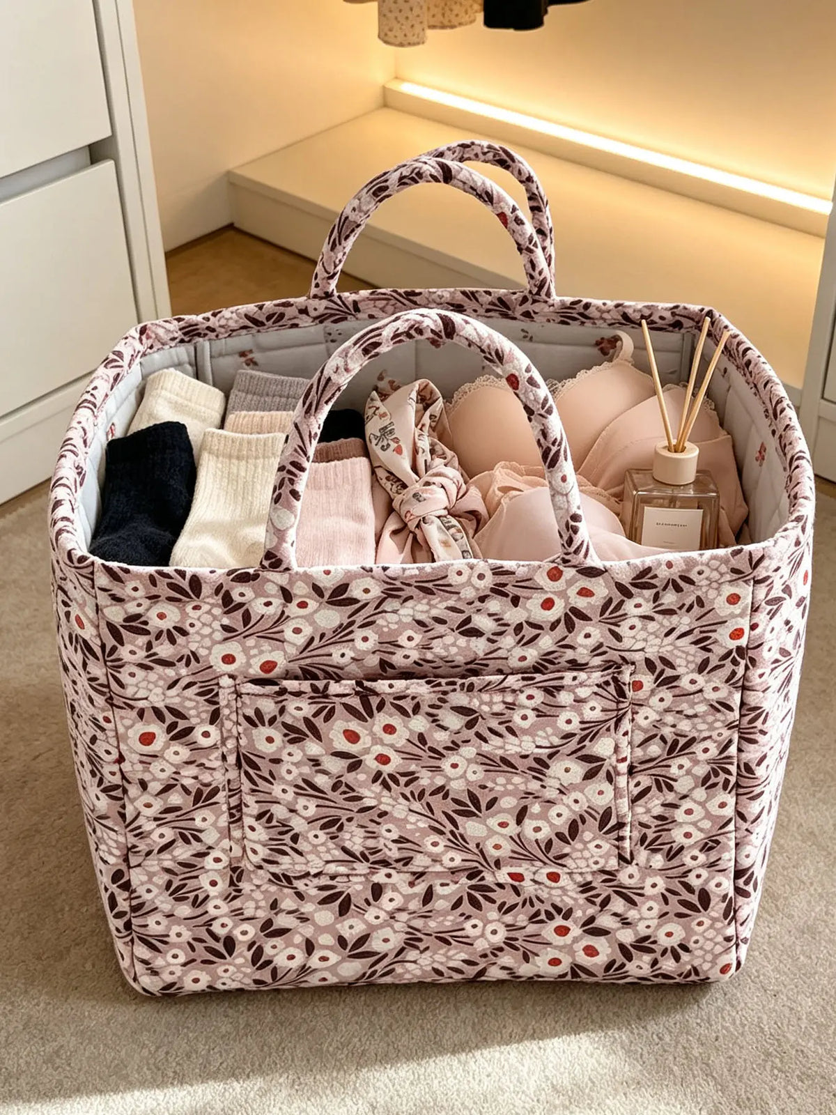 Vintage Floral Quilted with Double Handles, Foldable Fabric Organizer Tote for Bathroom Car Picnic, Bathroom Storage Baskets