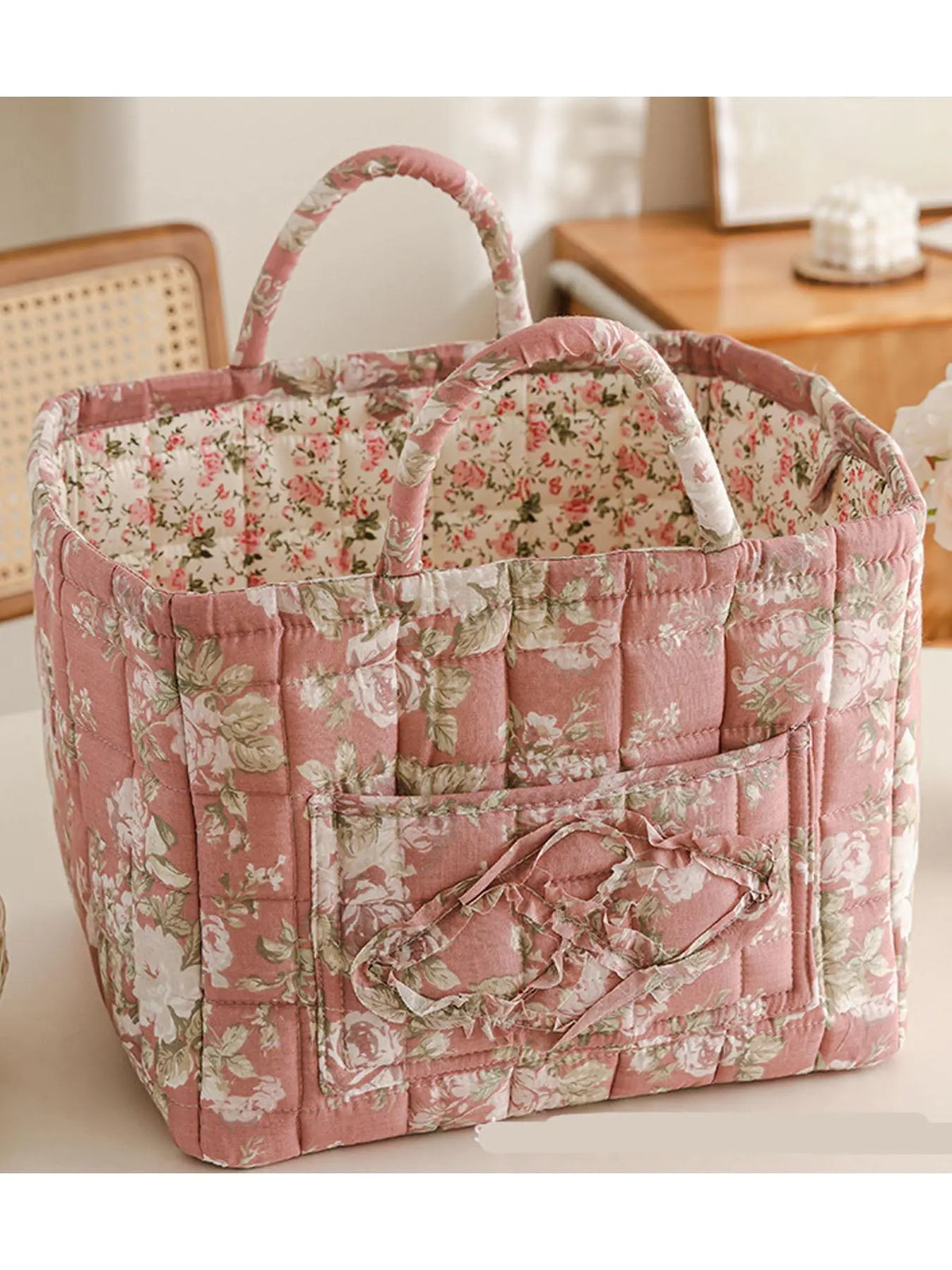 Floral Pattern Fabric Decorative Storage Basket, Portable Home Organizer for Kitchen, Bathroom and Office, Flower, Bathroom Storage Baskets
