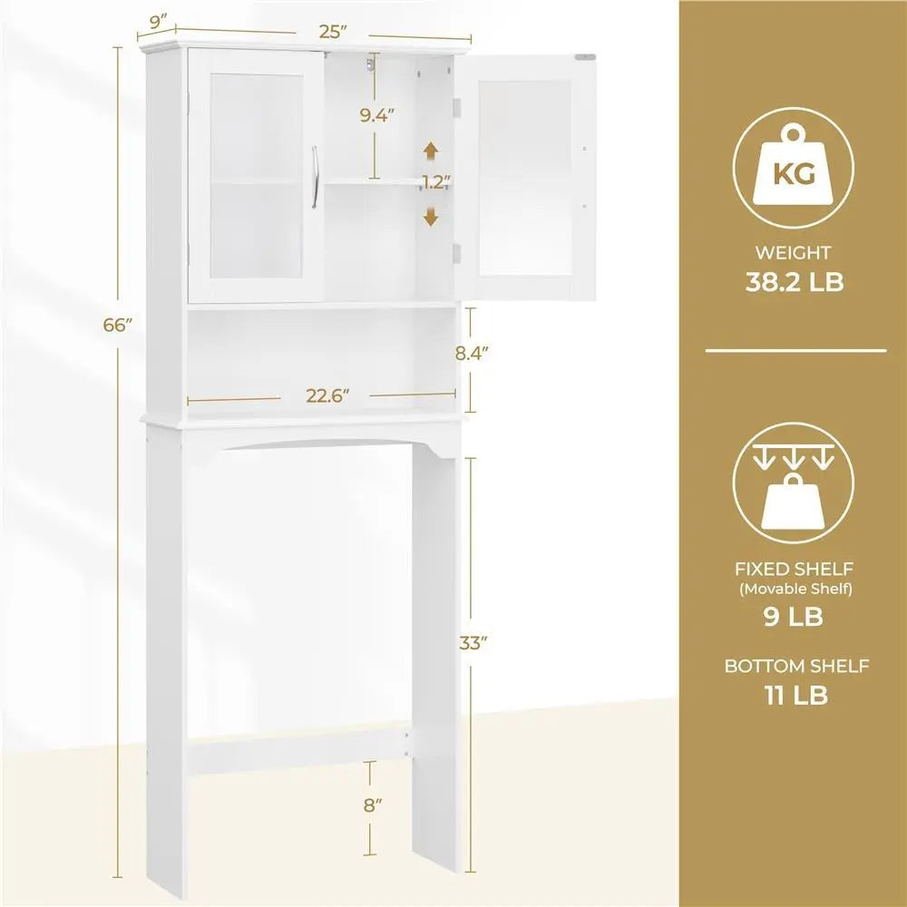 Costoffs Modern Over-The-Toilet Storage Cabinet, Space-Saving Indoor Bathroom Cupboard with Adjustable Shelf, Tempered Glass Doors, Open Shelf, White Unit for Bathroom Organizers,dorm essentials,home decor