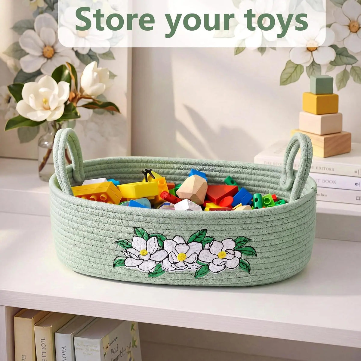 Magnolia Woven Storage Basket for Toilet  Top Boho  Rope Bathroom Countertop Organizer Basket with Handle Green Bathroom Decor for Bedroom  Toys Organizing, 13 x 6 x 4 Inch