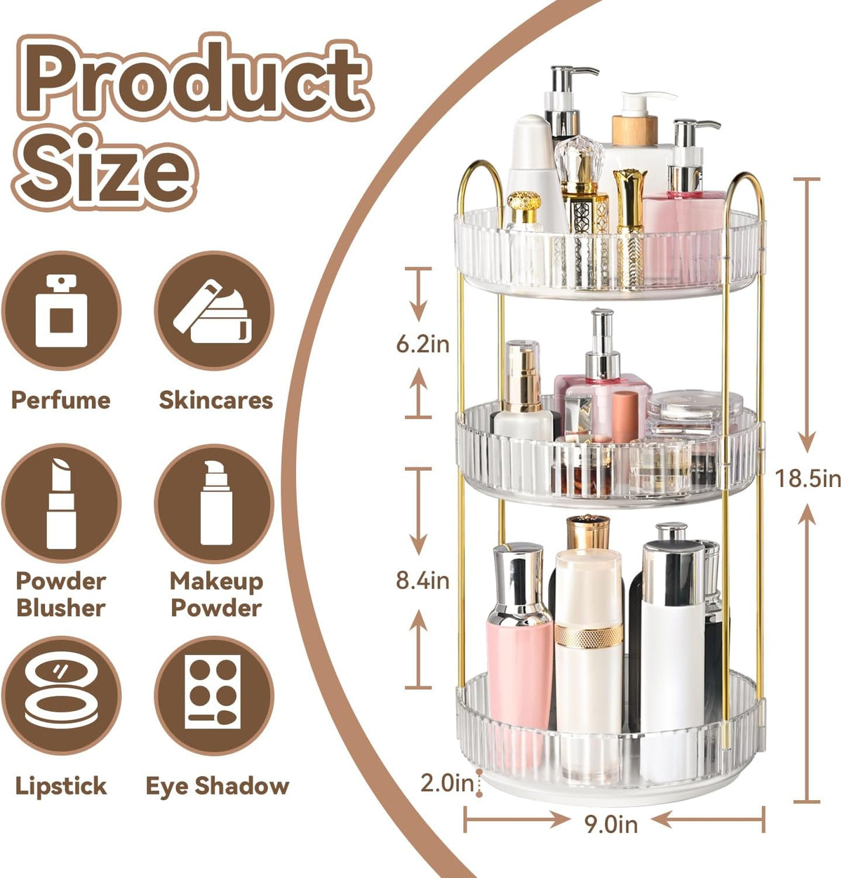 360° Rotating Makeup Organizer for Vanity, 3 Tier Perfume Organizers, Clear