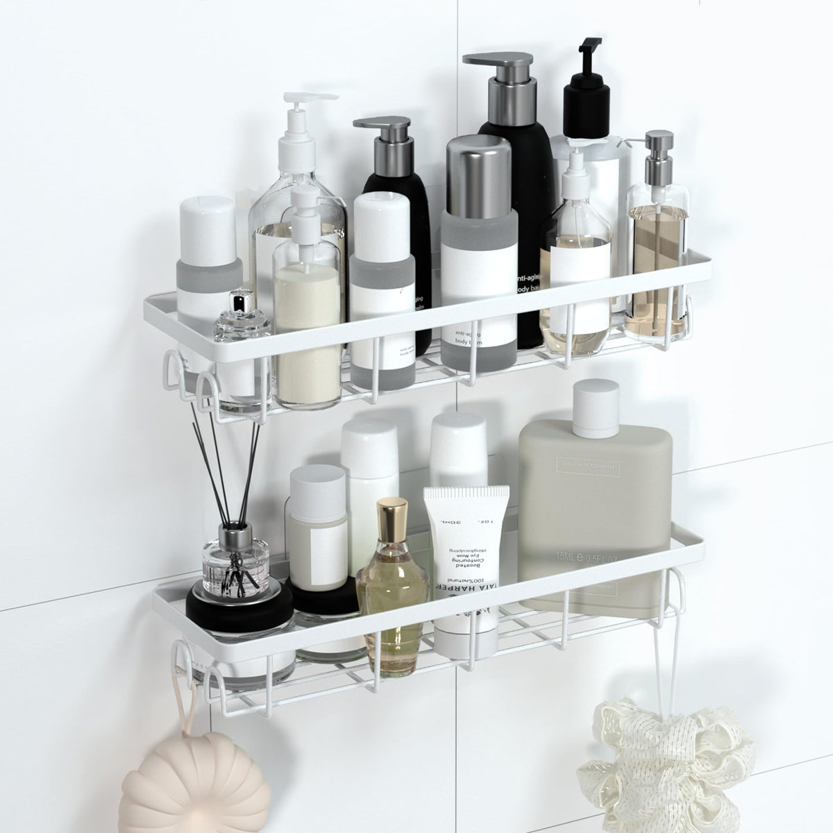 Shower Caddy Organizer with Hooks,Self Adhesive Bathroom Shelves,No Drilling Bathroom Organizers and Storage,Perfect for RV, Apartment, Home Decor,White 4PCS