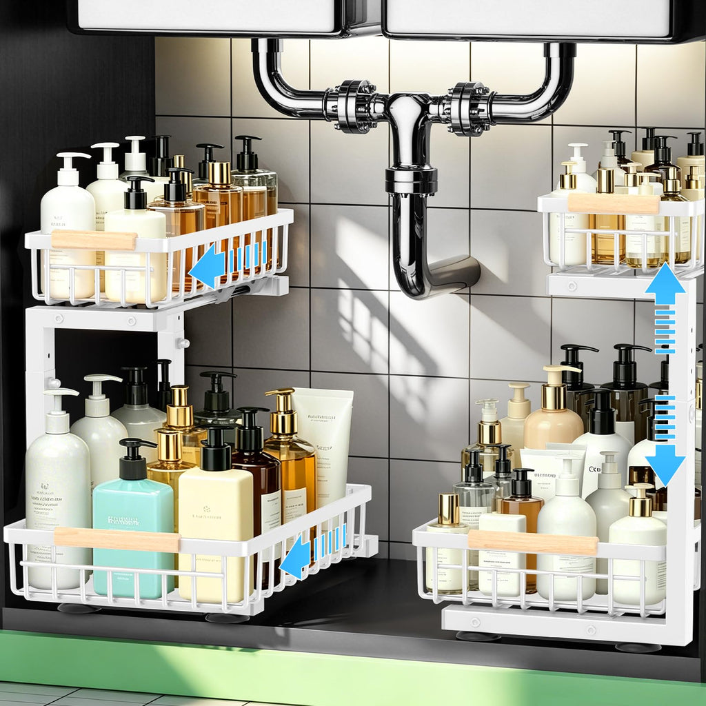 Under Sink Organizer 2 Pack, Double Slide Out Metal Shelf, Black