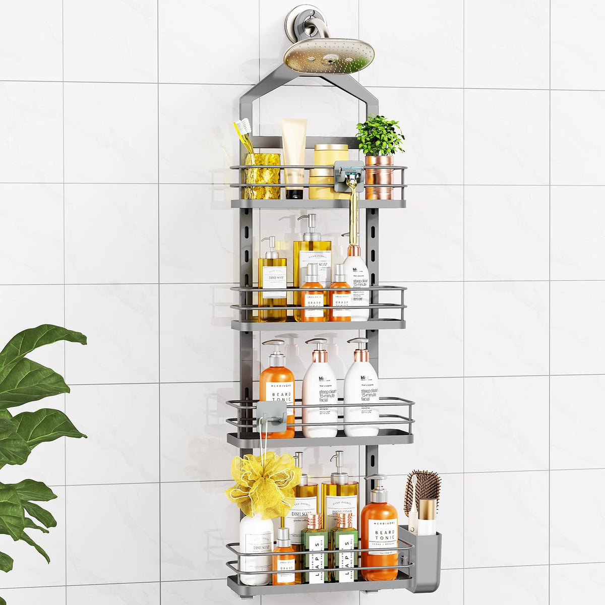 ODesign 4 Tier Adjustable Shower Organizer Hanging Over Showerhead Black