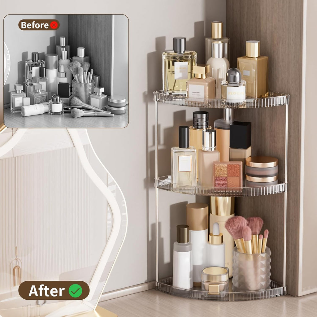 3 Tier Corner Bathroom Counter Organizer, Clear Vanity Makeup Storage Shelf