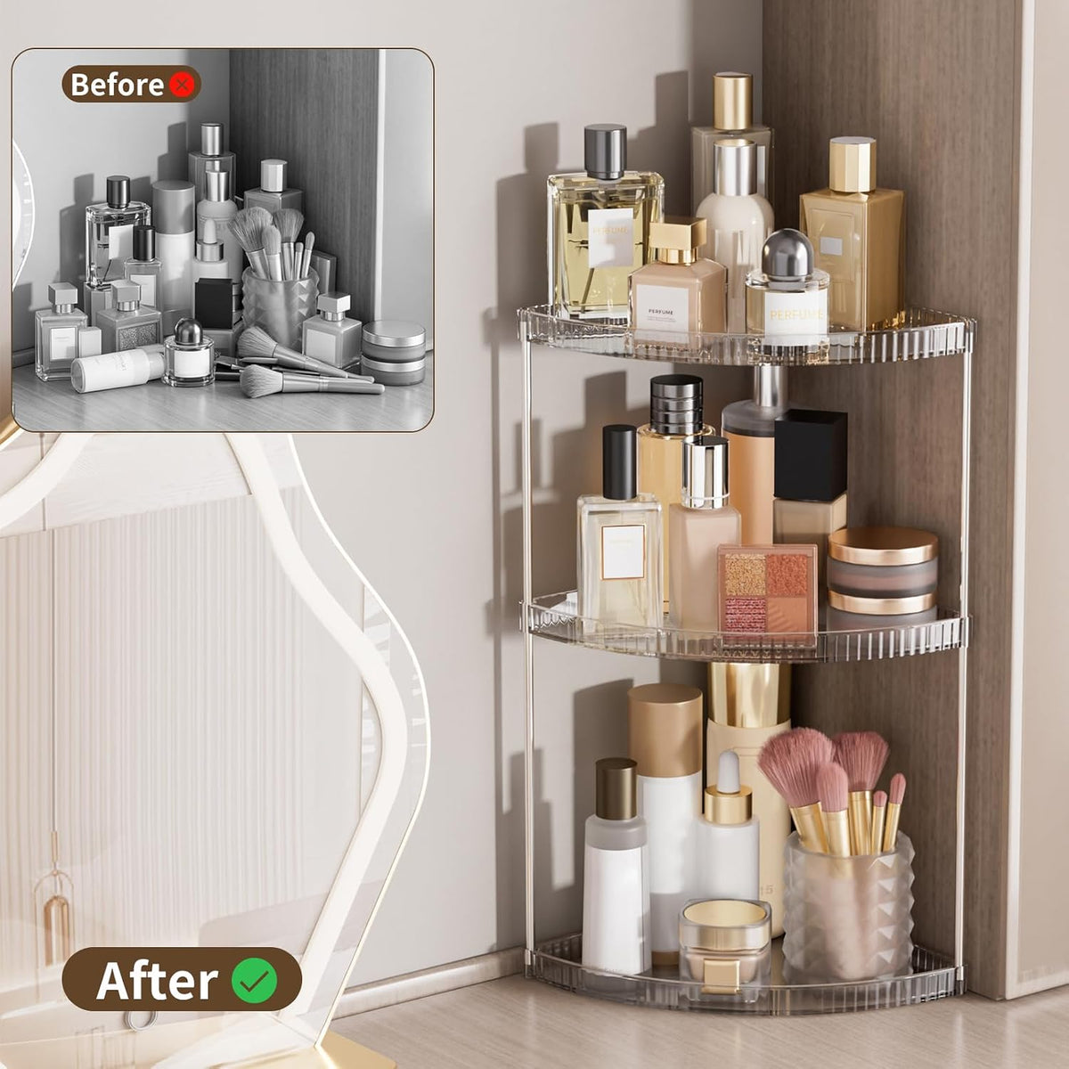 3 Tier Corner Bathroom Counter Organizer, Clear Vanity Makeup Storage Shelf